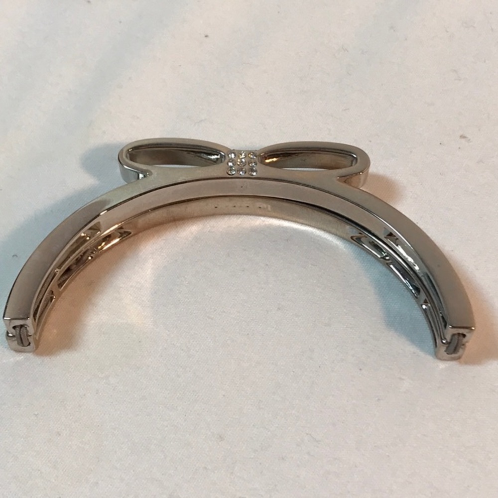 Lia Sophia bow bracelet, rhinestones, silver tone, bangle with stretch b… - Picture 2 of 6